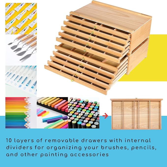 MEEDEN 10-Drawer Artist Supply Storage Box: Multi-Function Art Wooden Box