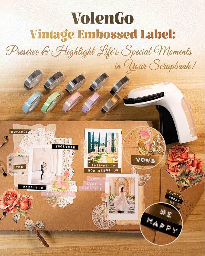 Embossing Label Maker, Scrapbook Junk Journal Supplies Kit, Embossed-Labels | Vintage Retro Manual Embosser, Scrapbooking Stickers for Junk Journal DIY Crafts, VolenGo Omega-S with 10-Roll Color 3D Tapes