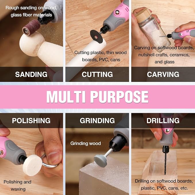 WORKPRO Cordless Rotary Tool Kit, 71PCS Accessories Rechargeable, Pink | Lightweight Handling, Comfortable Rubber Grip, Engraving, Sanding, Polishing, Carving, Cutting, DIY Crafts
