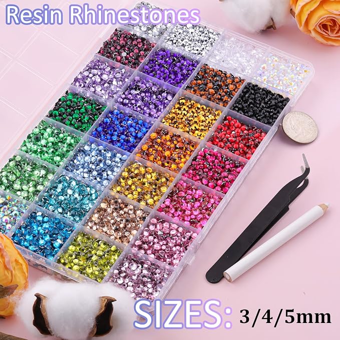 20000Pcs Resin Rhinestones for Crafting, Multicolor 3/4/5mm Flacktback Gems with 3Pcs B7000 Jewelry Glue, Bedazzling Crystal for DIY Crafts Clothing Tumblers Mugs Shoes Fabric Nail Art