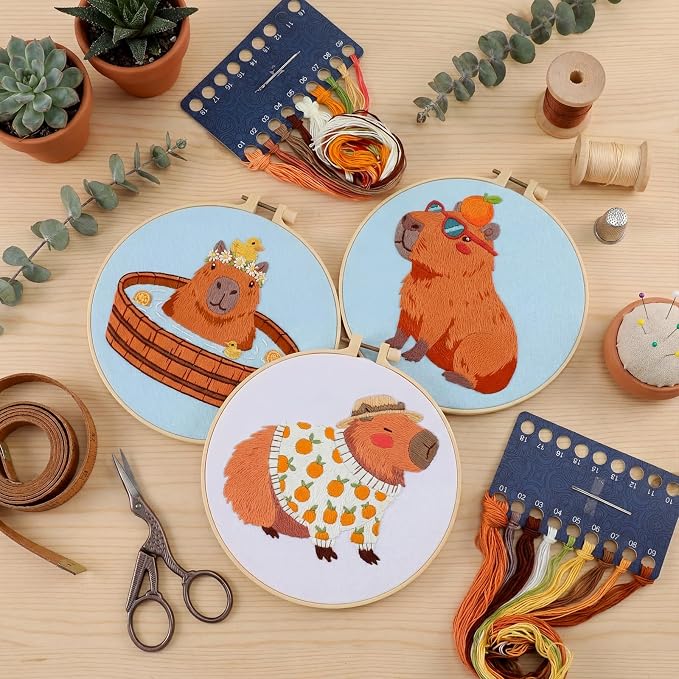 Mindsoft 3 Set Needlepoint Kit for Beginners with Hoop,Capybara | Bamboo Hoop Thread Needles Instructions, Easy Hand Embroidery for Beginners Home Crafts,Pre-stamped Funny Cute Designs