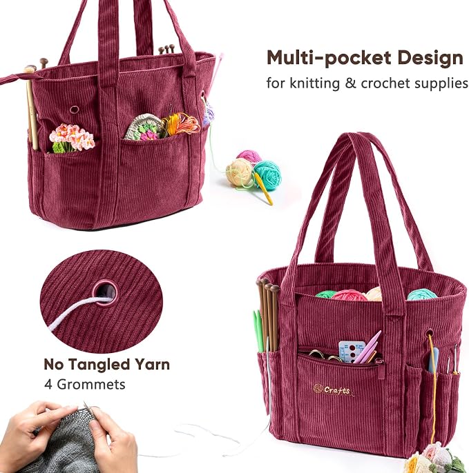 MYBAGZING Crochet Bag and Tote - Corduroy Yarn Bag - Yarn Holder for Crocheting - Crochet Storage Bag for Crochet Hooks, Crochet Accessories, Knitting Bag for Crochet Lovers, Mother's Day Gift