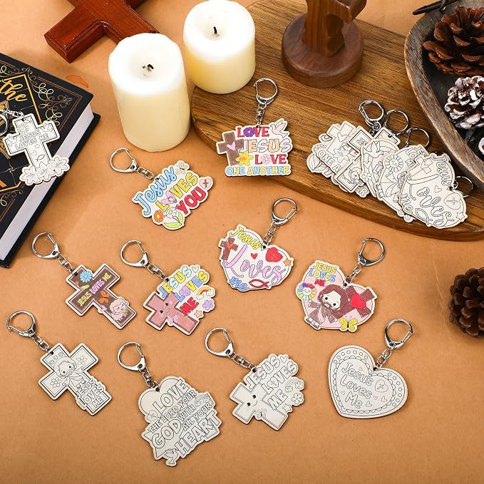 Trnayi 36 Pcs Wood Jesus Loves Me Keychain Color Your Own DIY Craft | Jesus Loves Me Wooden Keychain, Color Your Own Unfinished Craft, Blank Wood Painting DIY Craft, for Religious Art Project
