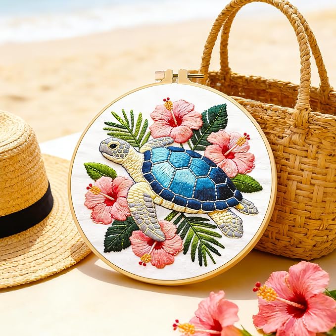 BEUNITONE 4 Pack Beginner Embroidery Kit for Adults, Marine Animals Flowers Pre-Stamped Pattern Needlepoint Kits with Hoops & Instruction, Handmade Embroidery Kits for Fabric and Home Decor 7.9x7.9