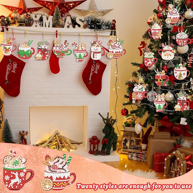 Tondiamo 20 Pcs Christmas Diamond Painting Keychain Kits with Tools Hot Cocoa Themed Art Key Chain Craft Kits Merry Christmas Cute Hanging Handmade 5D Art and Craft Supplies Accessories