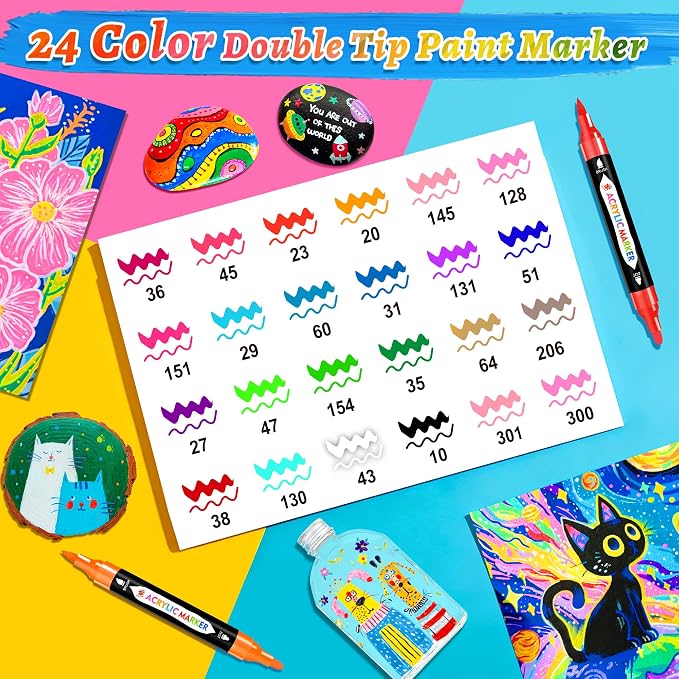 TBC The Best Crafts Acrylic Paint Markers, 24 Colors Dual Tip Pen | Waterproof, Non-Toxic for Rock Painting, Wood, Glass, Ceramic, Fabric – Art Supplies for Artists & Hobbyists
