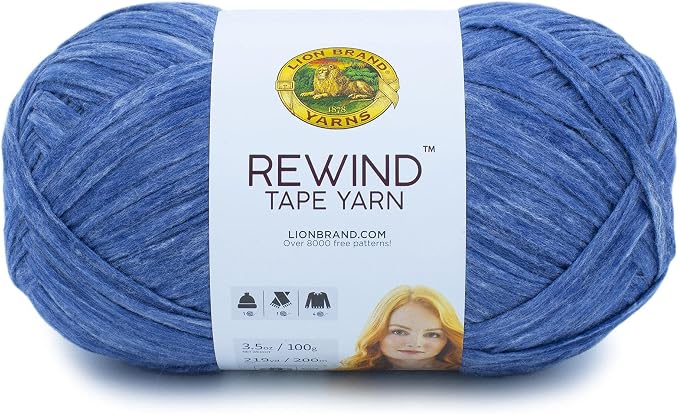 Lion Brand Yarn, Rewind Bulky Flat Tape Yarn for Crochet, Knitting and Crafts, Hawaiian Ocean, 1 Pack, Soft Fiber for Bags, Summer Hats, and Shawls, Denim Blue