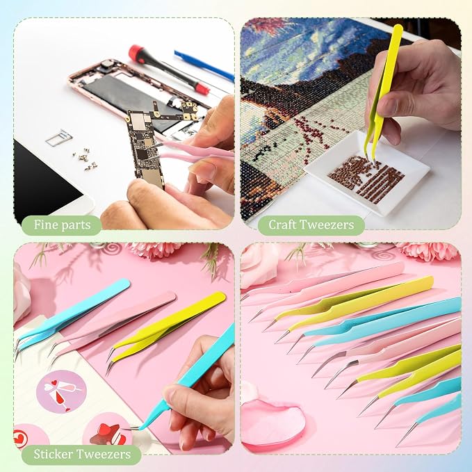 Honoson 9 Pcs Curved Pointed Craft Tweezers Precision Tweezer,3 Colors