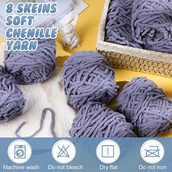 Buryeah 8 Pack Chunky Chenille Yarn for Crocheting, Light Gray