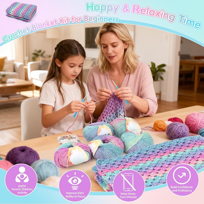 Aeelike Crochet Blanket Kit for Beginner, Easy Crochet Kit, Purple Gradient