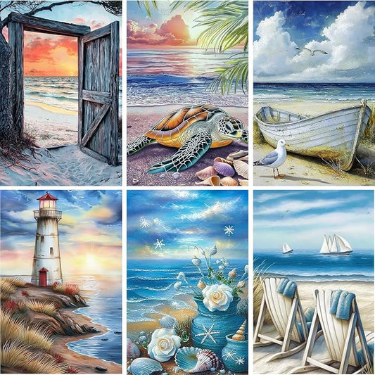 DOZEEZOP 6-Pack Diamond Art Kit for Adults, 5D Diamond Painting 12x16 Inch | Coastal pictures, Full Round Drills, Home Wall & Shelf Decor, Beginner-Friendly DIY Craft, Stress Relief, All-Occasion Gift