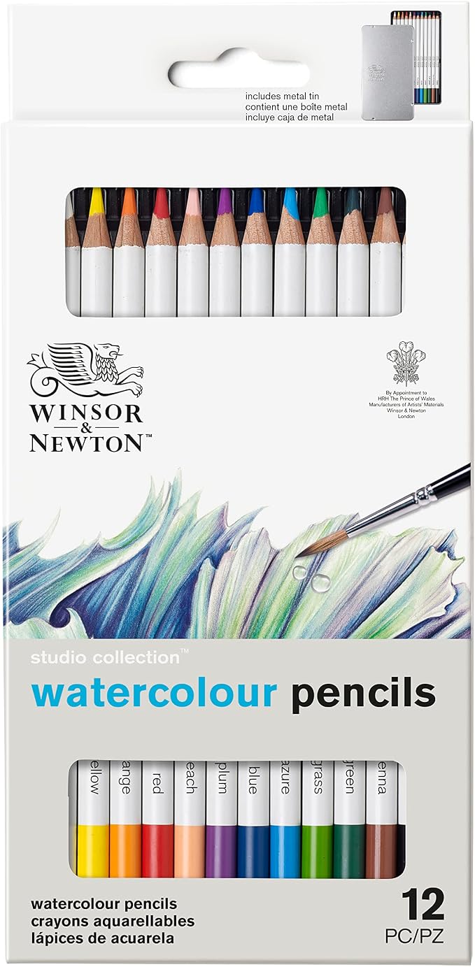 Winsor & Newton Studio Collection, Watercolor Pencils, Set of 12 | Highly pigmented, Wax-Based, Can be Used Wet/Dry, Add Water & Brush to Create Painterly Effects, Break-Resistant Points.