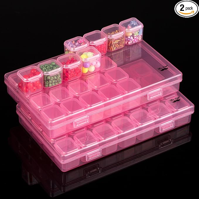 Mr. Pen- Bead Storage Containers, 28 Grids, 2 Pack, Transparent Pink | 160 pcs Label Stickers, Transparent, Small Bead Organizer Box, Diamond Art, Diamond Painting Organizer