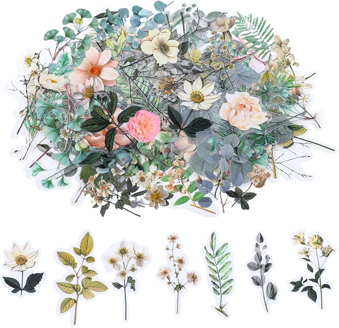 85-Piece Floral Scrapbook Stickers, Self-Adhesive Daisy Camellia | Natural Botanical Designs, Peel-And-Stick, For Journals, Planners, Cards And Diy Crafts
