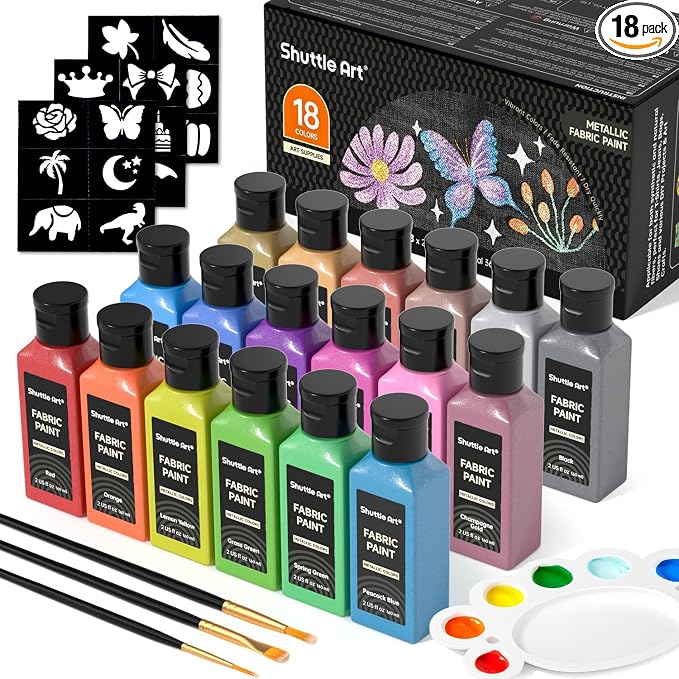 Metallic Fabric Paint, Shuttle Art 18 Metallic Colors Permanent Soft Fabric Paint in Bottles (60ml/2oz) with Brush and Stencils, Non-Toxic Textile Paint for T-shirts, Shoes, Jeans, Bags & DIY Projects