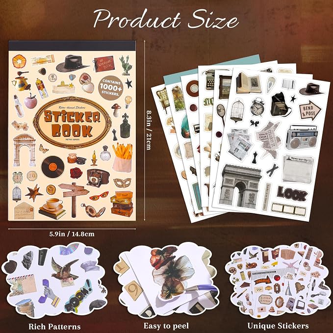 1000Pcs+ Vintage Sticker Book, Retro Antique Old Fashion Aesthetic Decorative Stickers for Journal Scrapbook Craft Supplies for Adults Teens Girls