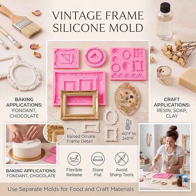Pimoys 5 Pcs Photo Frame Fondant Molds Vintage Silicone