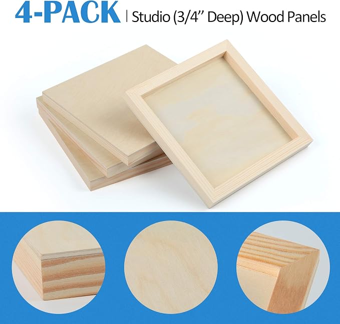 Falling in Art 4 Pack 8x8’’ Unfinished Birch Wood Panels Kit for Painting | Studio 3/4’’ Deep Wooden Canvas, Cradle Boards for Acrylic Pouring, Art, Crafts, Epoxy Resin, Laser Engraving Cutting