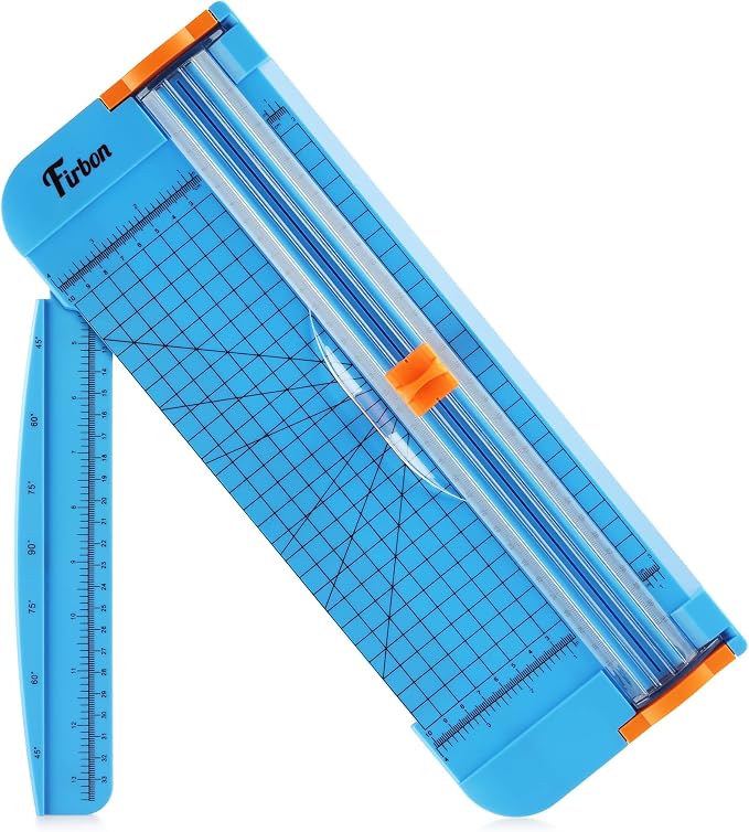 Firbon A4 Paper Cutter, 12 Inch Paper Trimmer with Extened Ruler, Blue | 12 Sheet Capacity | CM & Inch Scale | Spring-Loaded Safe Blade | Cuts Cardstock, Vinyl, Coupons, Labels & Scrapbooking Crafts