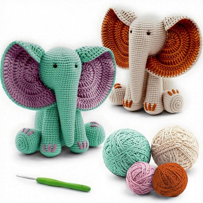 JYZJDKE Crochet Kit for Beginners Adults - DIY Amigurumi Elephant Knitting Starter Kit with Yarn Sets, Crochet Animal Kit Cute Stuffed Animal Craft Birthday Gifts (Beige White+Tiffany Green Elephant)