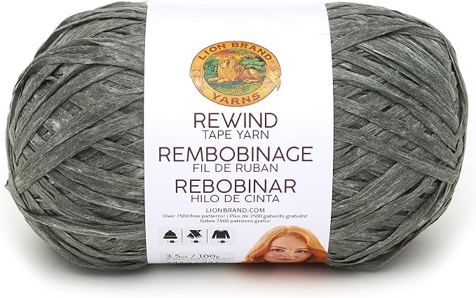 Lion Brand Yarn, Rewind Bulky Flat Tape Yarn for Crochet, Knitting and Crafts, Olive You, 1 Pack, Soft Fiber for Bags, Summer Hats, and Shawls, Olive Green