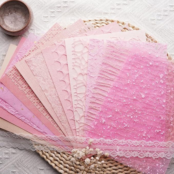15Pcs Handmade Scrapbook Art Craft Textured Paper Colorful A5 sheet Mesh Special Paper Mix for Scrapbooking Junk Journal Journaling Supplies DIY Materials,5.8x8.2 inches (Pink)