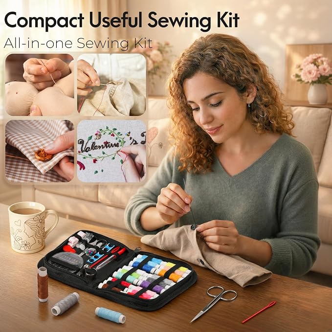 Coquimbo Sewing Kit for Adults, Christmas Stocking Stuffers for Teen Girls | Gifts for Mom, Dorm Room Essentials, Sewing Supplies, Needle and Thread Kit, Portable for Travel, Emergency, Beginner (Black)