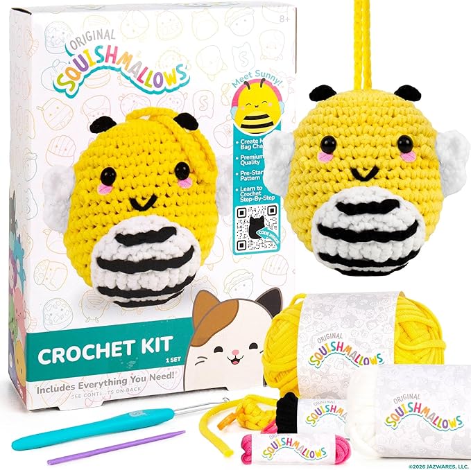 Original Squishmallows™ Crochet Kit – Sunny Bag Charm, Bumblebee Crochet Kit for Beginners with Yarn, Starter Hooks, Step-by-Step Tutorials, DIY Craft, Great Teen Gifts