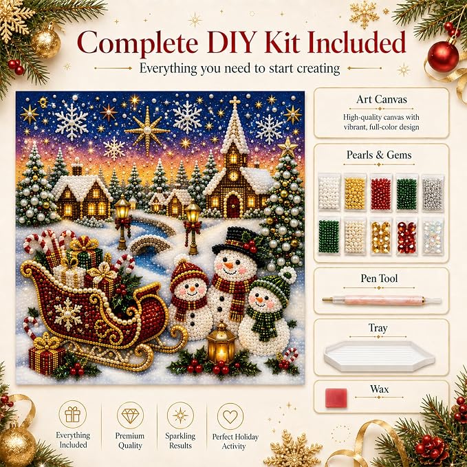 DIY Christmas Pearl Diamond Painting Kit, 5D Pearl Art Craft for Adults and Beginners, Christmas Church and Jesus Wall Decor, Holiday Gifts, 12 x 12 Inch (Christma Design F)
