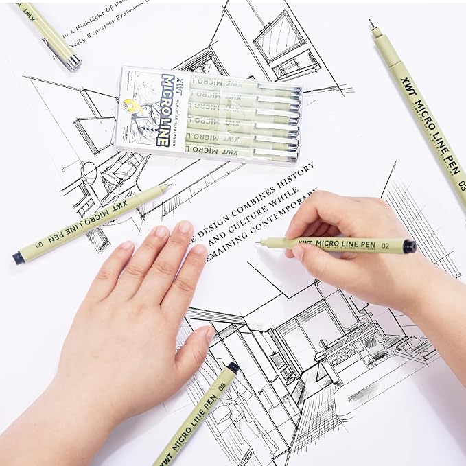 6 Size Micro Fineliner Pens Set | Ultra Fine Fineliner Pen, Brush Marker Pen, Water-based Black Pigment Ink, Drawing Journaling Supplies for Artists, Designers
