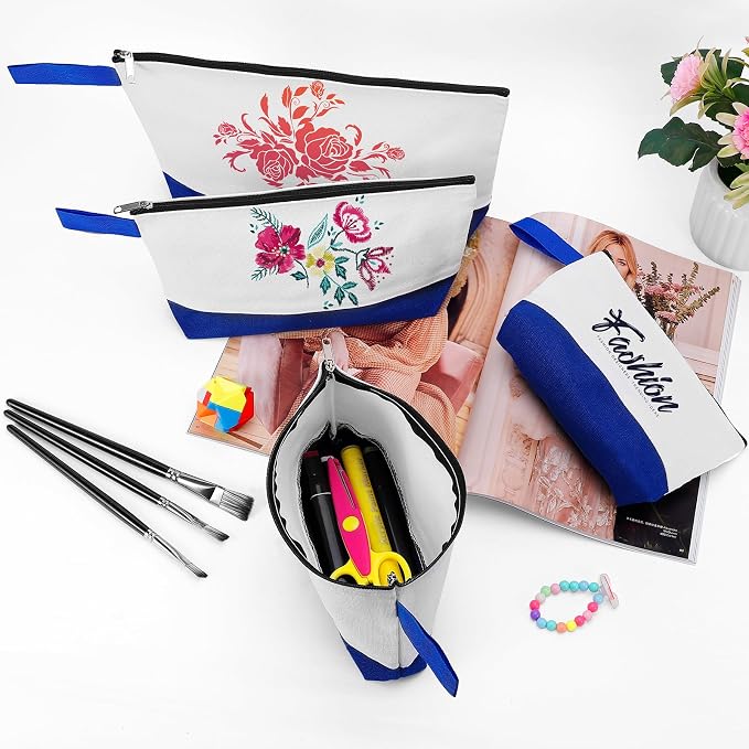 10 Pieces Cotton Canvas Makeup Bag with Bottom and Strap, Multi-Purpose Cosmetic Bag with Zipper Travel Toiletry Pouch, Blank DIY Craft Bag (White&Blue, M)