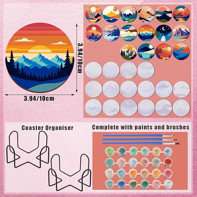 Reallnaive 8 Pcs Mountain Paint by Numbers Kit for Adults Wooden Coasters | Mini Paint by Numbers, Tiny Landscape Round Oil Painting Drink Coaster with Holder, for Small DIY Craft Birthday Gift