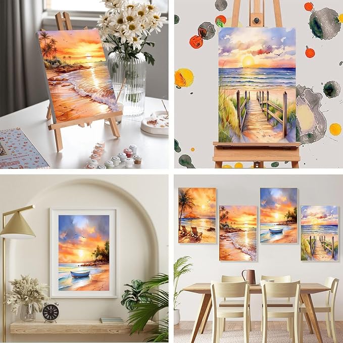 4 Pack Framed Paint by Numbers Kit for Adults Beginners, Beach 8x12 inch | Adult Paint by Number Kits on Canvas with Wooden Easel, Sunset Landscape DIY Acrylic Oil Painting by Numbers for Home Decor