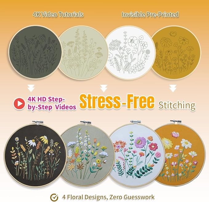 ETSPIL Embroidery Kit for Beginners, 2 Hoops, 4K Video, 4 Floral Patterns | Stitch Side by Side. Lines Fade as You Stitch. All Tools Included. Easy to Start, Weekend Family Craft