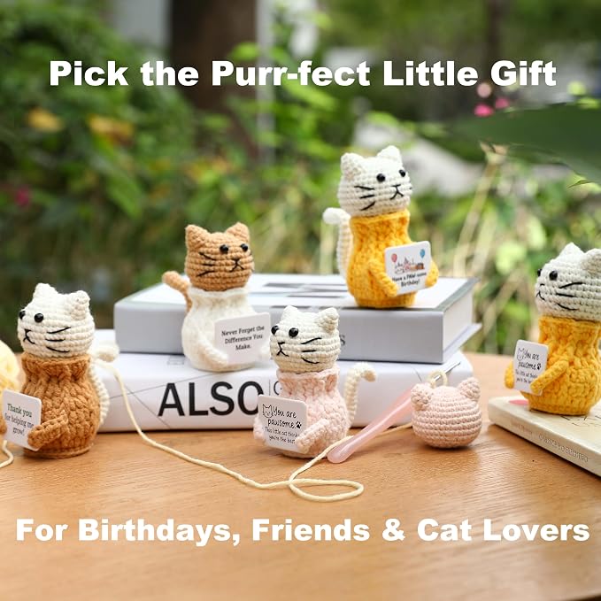 Cute Crochet Cat Birthday Gifts for Teen Girls | Handmade Yellow Cat with Birthday Card, Adorable Funny Kawaii Desk Decor for Daughter, Friends, Sisters