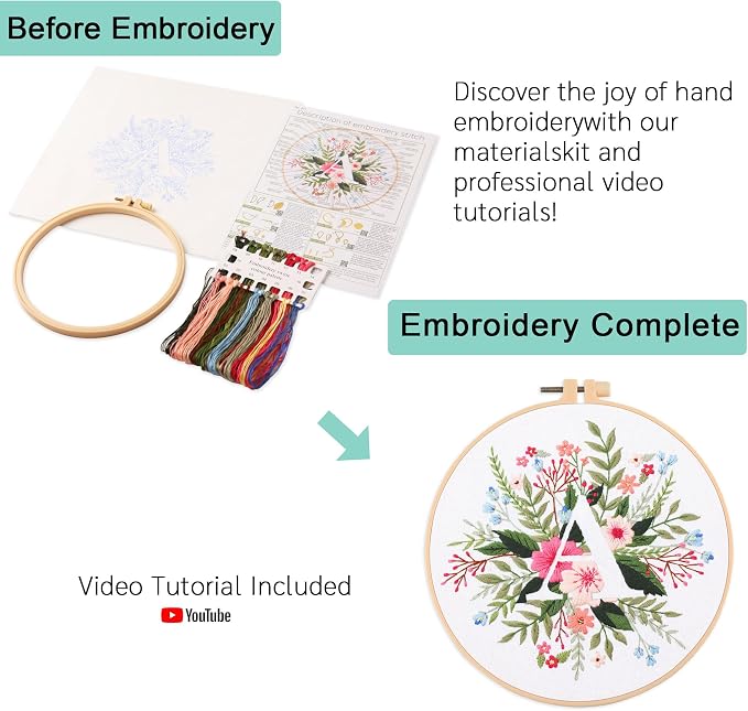 Harimau Letter A Pattern Embroidery Kit for Adult Beginners, Complete Starter Pack with 1 Hoop, Needles, Instruction Guide & Embroidery Stitch Video Tutorials