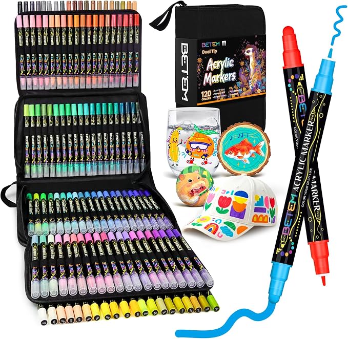 Betem 120 Colors Dual Tip Acrylic Paint Markers, Fabric Decorating Kits | Premium Water-Based Acrylic Paint Pens Art Supplies for Fabric, Rock, Wood, Glass, Canvas, Ceramic, Teacher Appreciation Gift