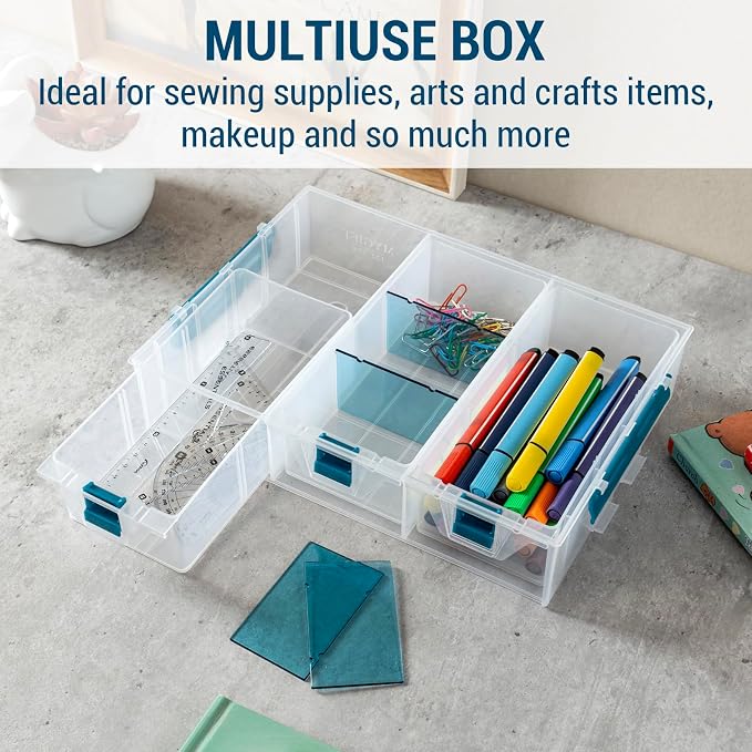 MyGift Single Stackable Tray, Add-on for 11 Inch Clear Arts & Crafts Storage Box with Blue Accents, 9 Compartment Sewing Supplies Organizer 3 Drawers and Removable Dividers