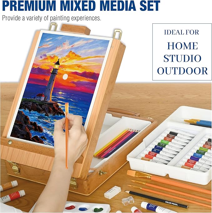 Mixed Media Art Set with Art Easel, Complete Art Supplies Kit | 55pc All-in-one Art Painting Kit, Tabletop Easel for Painting, Assorted Painting Supplies, Giftable Art Kit for Adults, Kids