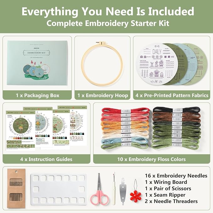 Snuvid Embroidery Kit for Beginners, 4 Stages to Learn 38 Stitches with Step-by-Step Video Tutorials, Pre-Printed Patterns, Embroidery Hoop, Threads and Needles for Adults