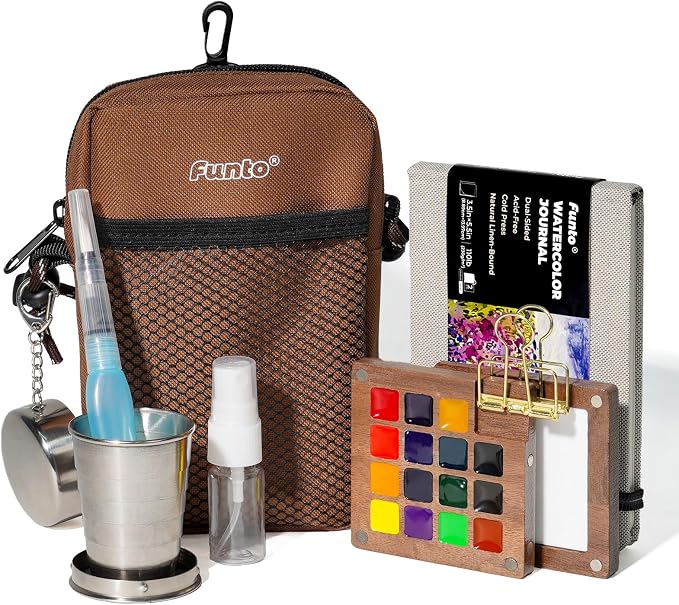 Funto Mini Watercolor Travel Set, All-In-One Walnut Wood 15 Colors Pocket Travel Paint Kit, with Crossbody Bag, Watercolor Journal, Metal Clip, Paint Water Cup, Water Brush Ideal for Art Lovers