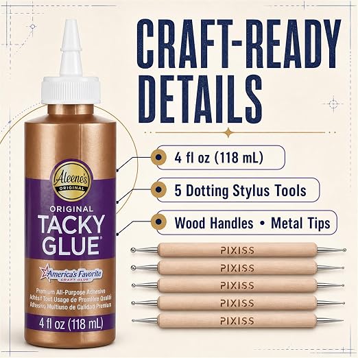 Aleene's Original Tacky Glue Craft Glue - 4Ounce, Quick Dry Tacky Glue for Crafts, Paper, Felt, Wood, Foam, Fabric - All Purpose Precision Craft Glue, Pixiss Wooden Art Dotting Stylus Pens