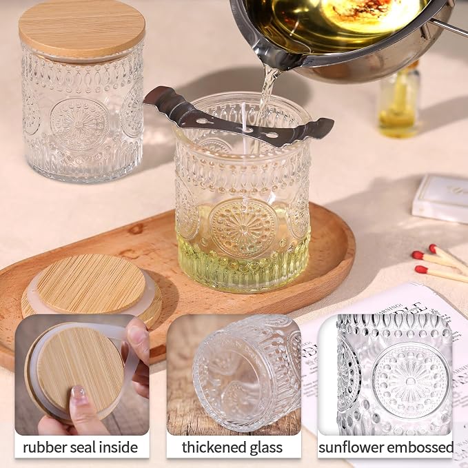 DARJEN 10 Pcs 8oz Glass Candle Jars with Lids, Candle Tins-Clear | Premium Thick Glass, Secure Wooden Lids- Candle Jars for DIY Candle Making, Stunning Sunflower Design