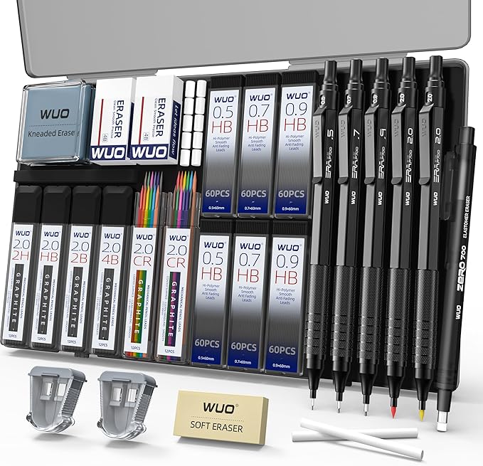 WUO Mechanical Pencil Set, 5 Pack Drafting Pencils 0.5/0.7/0.9/2.0/2.0mm