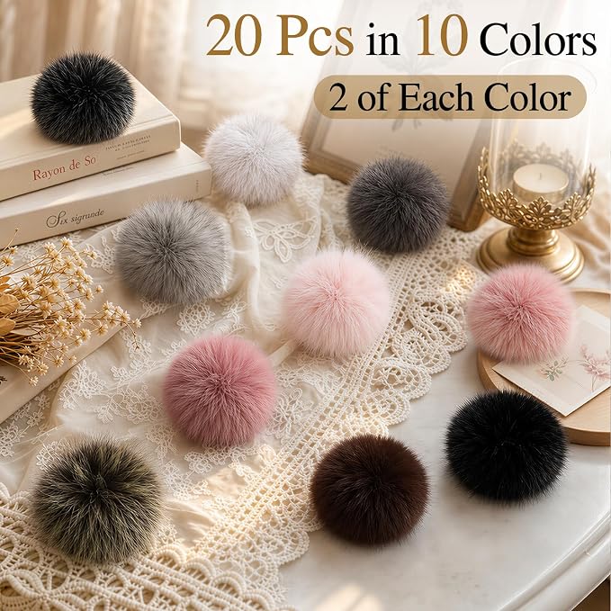 20 Pcs Fluffy Faux Fur Pom Poms for Hat, Craft Supplies, 10 Dark Colors