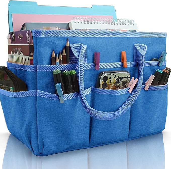 Cupohus Craft Organizer Bag, Blue Art Supply Tote with Multiple Pockets