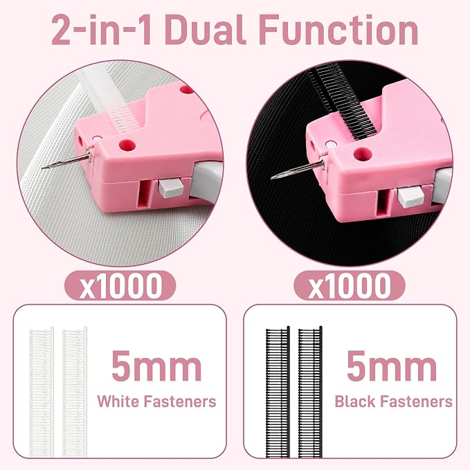 2026 New Stitch Gun for Clothes, Handheld Tagging Gun Quick Clothing Fixer Sewing Kit with 6 Replacement Needles, 1000 Black & 1000 White Fasteners (Pink-Gray)