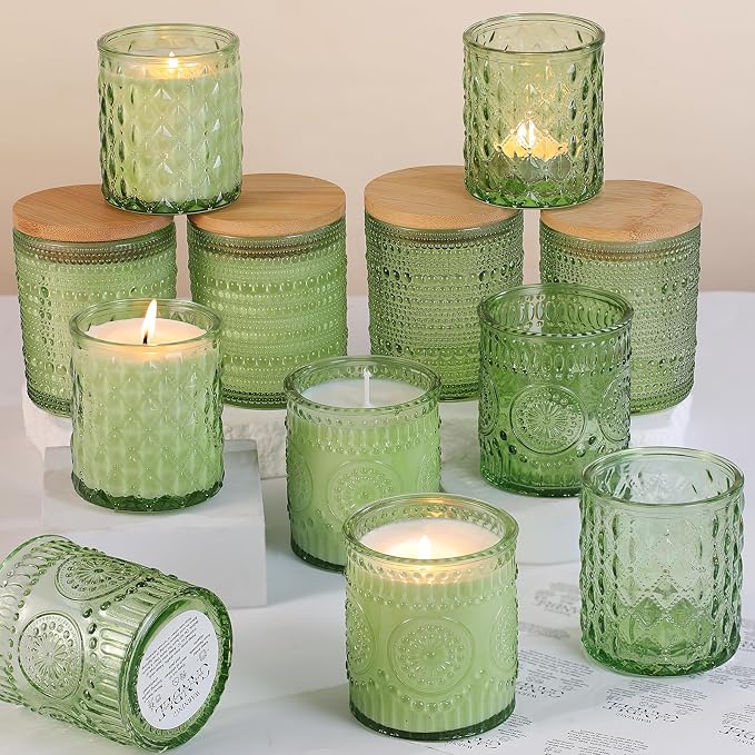 12Pack Green Candle Jars - 3 Styles Candle Jar with Lids for Any Décor
