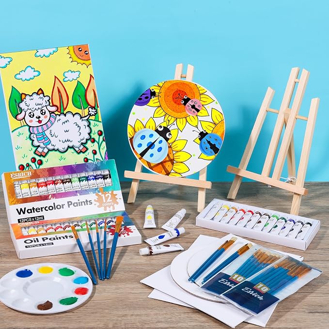 ESRICH 3 Set Acrylic Painting Kits for Adults Couples Date Night | Sip and Paint Kit for Date Night and Crafts, Oil, Watercolor & Acrylic Paint,Canvas and Easels, Palettes, Brushes