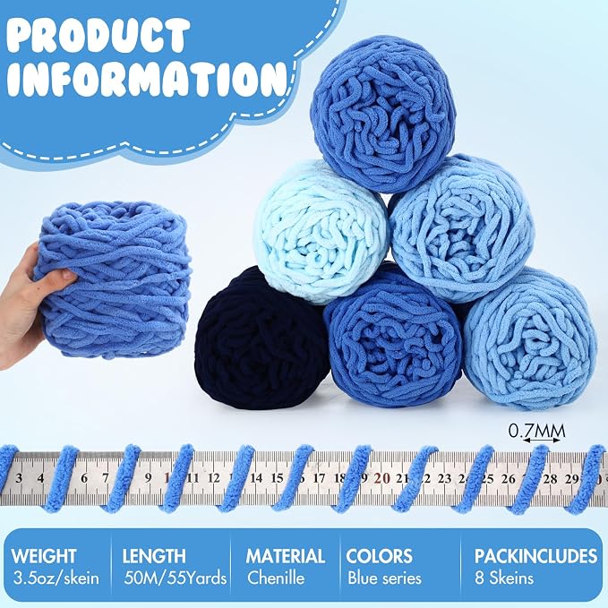 Buryeah 8 Pack Chunky Chenille Yarn for Crocheting (Blue Series)
